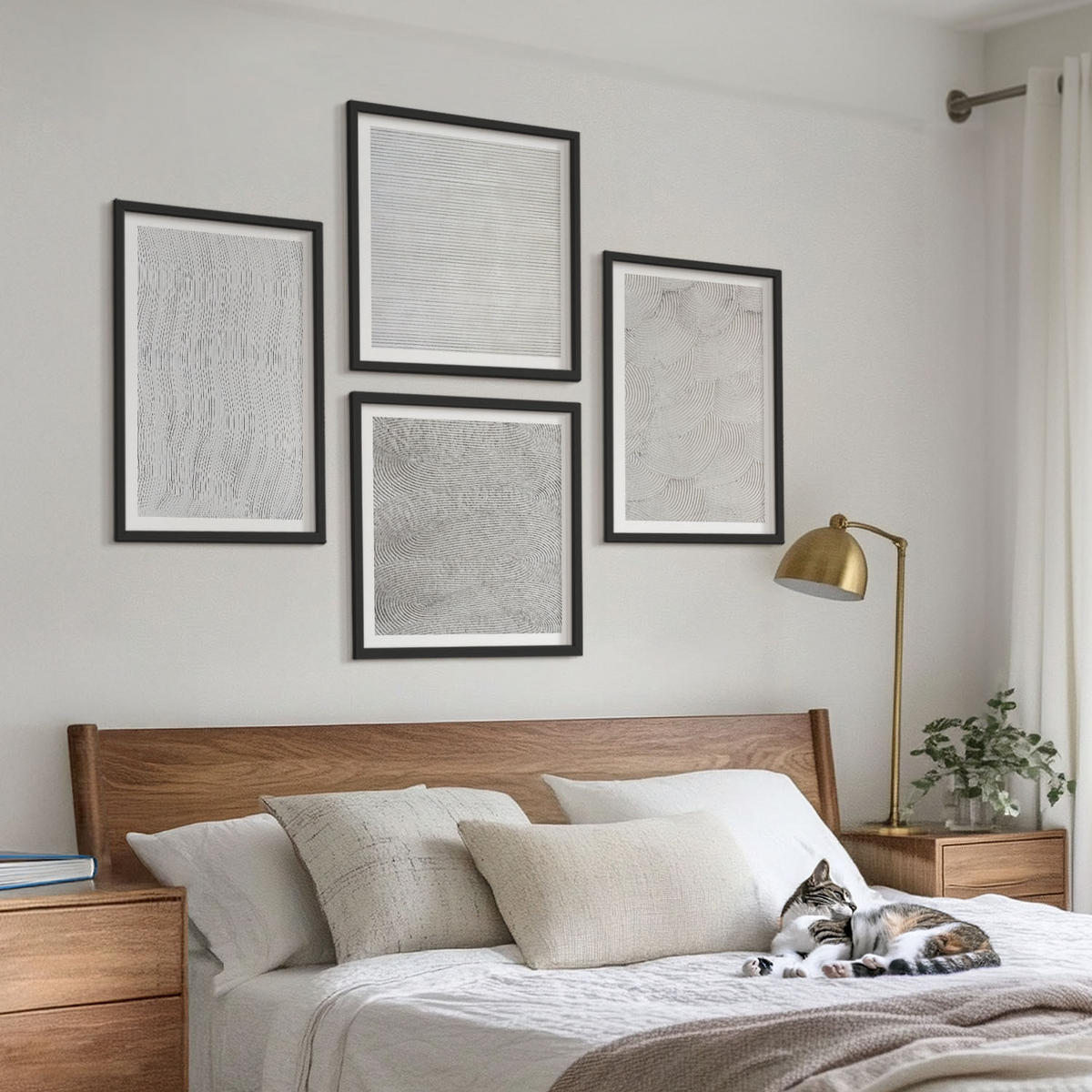 WANDBILDER 4er-Set - 50x50 cm & 40x60 cm Schwarzer Rahmen - Sandmuster geometrische Strukturen - Schwarz, Kunststoff (50/50cm) - ArtPrintCave