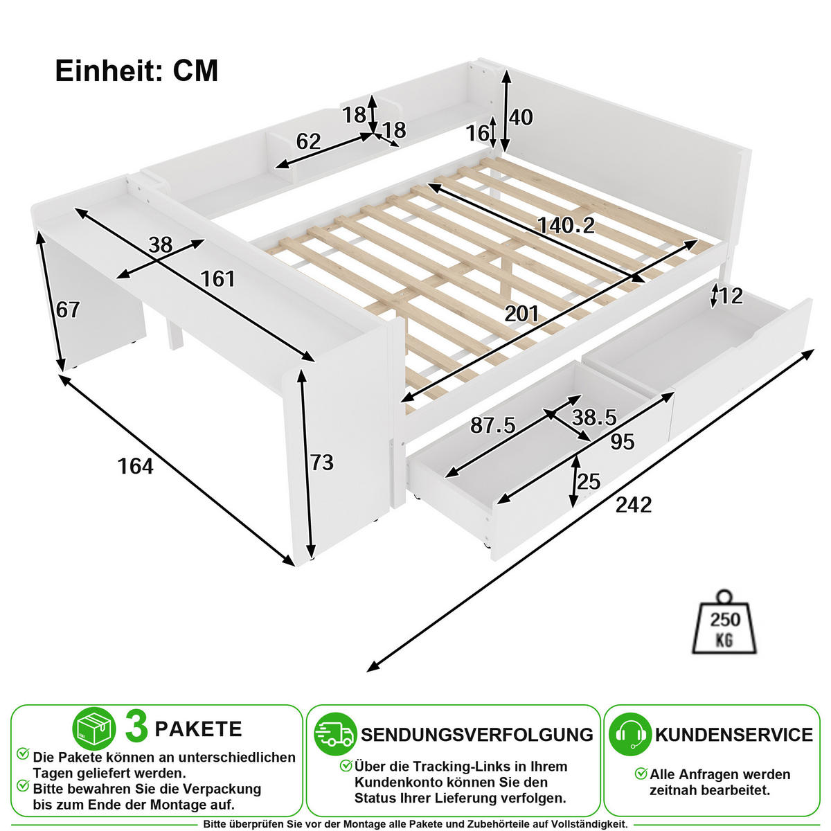 BETT 140/200 cm in Weiß mit Schreibtisch, 2 Schubladen und Regal - Weiß, Holz/Holzwerkstoff (140/200cm) - CHICFURN