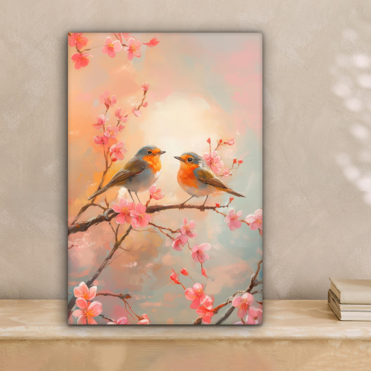 LEINWANDBILD Rotkehlchen - Zierpflanze - Blütenzweig Deko Wohnzimmer 20x30 cm - Hellrosa, Textil (20/30cm) - MuchoWow
