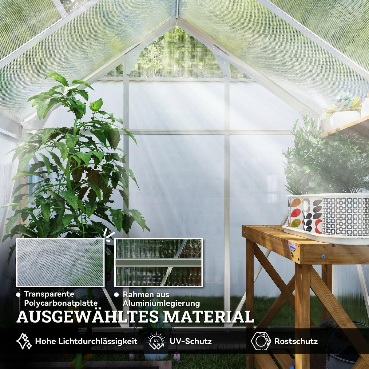 GEWÄCHSHAUS Aluminiumlegierung Polycarbonat Silber - Silberfarben, Metall (132/201/190cm) - Outsunny