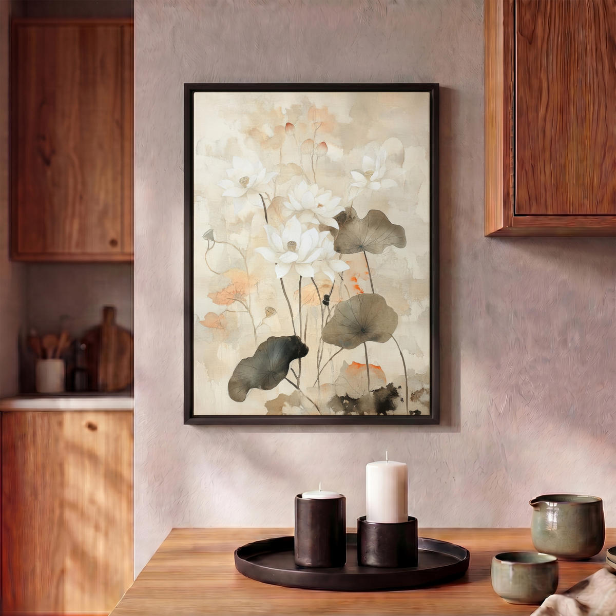 LEINWAND Bilder mit Rahmen - Blumen - Japandi - Wabi sabi - 30x40 - Sandfarben, Textil (30/40cm) - MuchoWow
