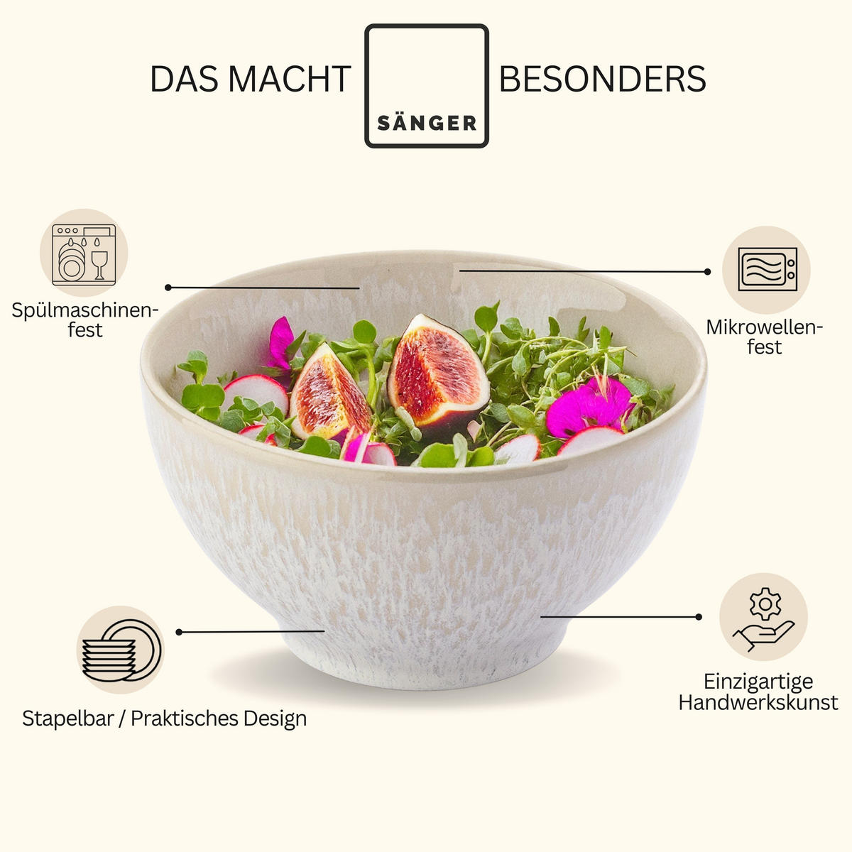 MÜSLISCHALEN KORFU - 4 teilig aus Steingut - Creme, Stein (15/15/8cm) - Sänger
