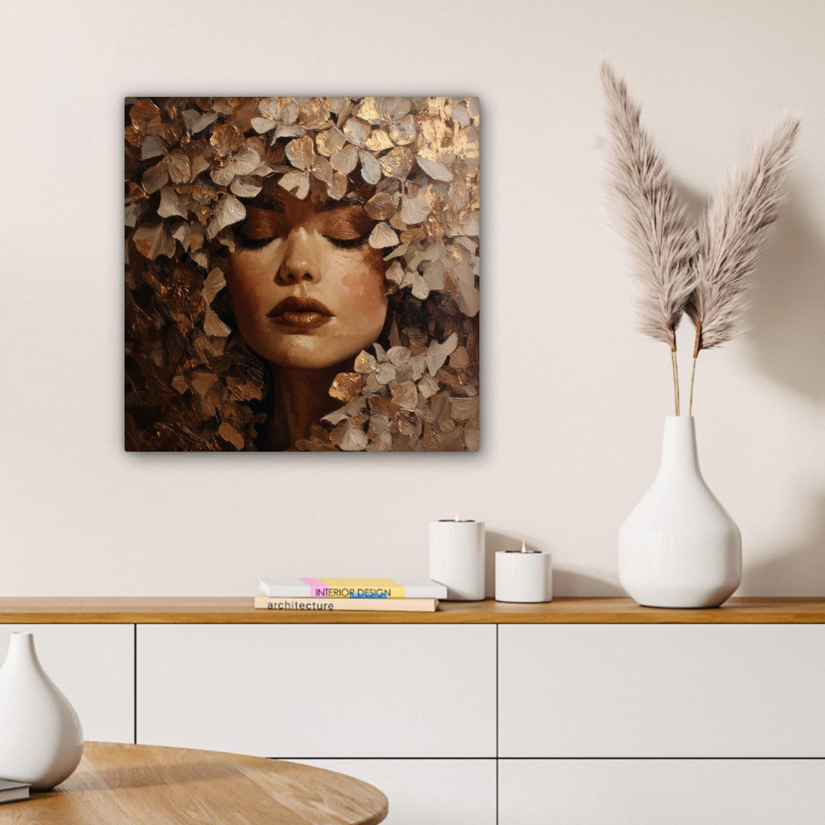 LEINWANDBILD Gesicht - Dame - Blätter - Pinselstriche Wandbild Wohnzimmer 50x50 cm - Goldfarben, Textil (50/50cm) - MuchoWow