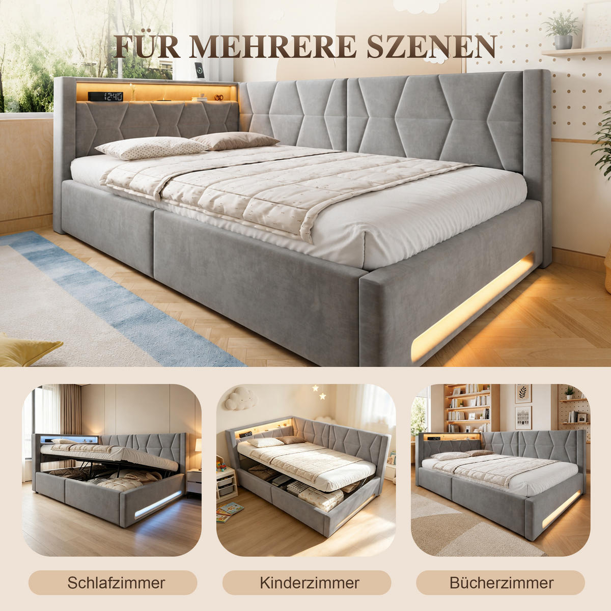BOXBETT 140/200cm, LED/USB-C, Bettkasten, Lattenrost, Dunkelgrau - Dunkelgrau, Holz/Metall (140/200cm) - LVHOM