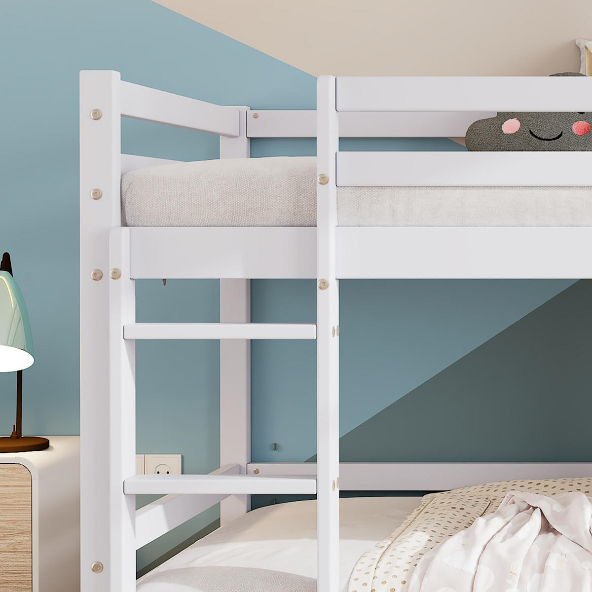 ETAGENBETT 90/200cm mit Handlauf und Fenster Weiß aus Kiefernholz - Weiß, Holzwerkstoff (90/200cm) - OKWISH