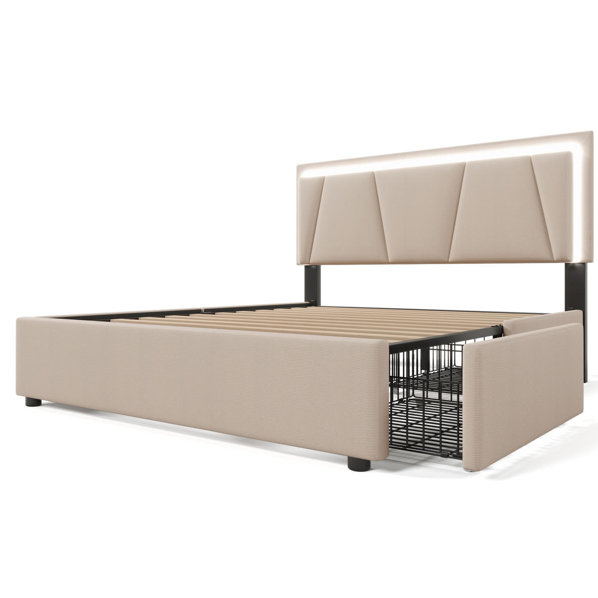 POLSTERBETT 160/200 cm beige mit LED-Beleuchtung und 4 Schubladen, höhenverstellbarem Kopfteil - Beige, Holz (160/200cm) - OKWISH