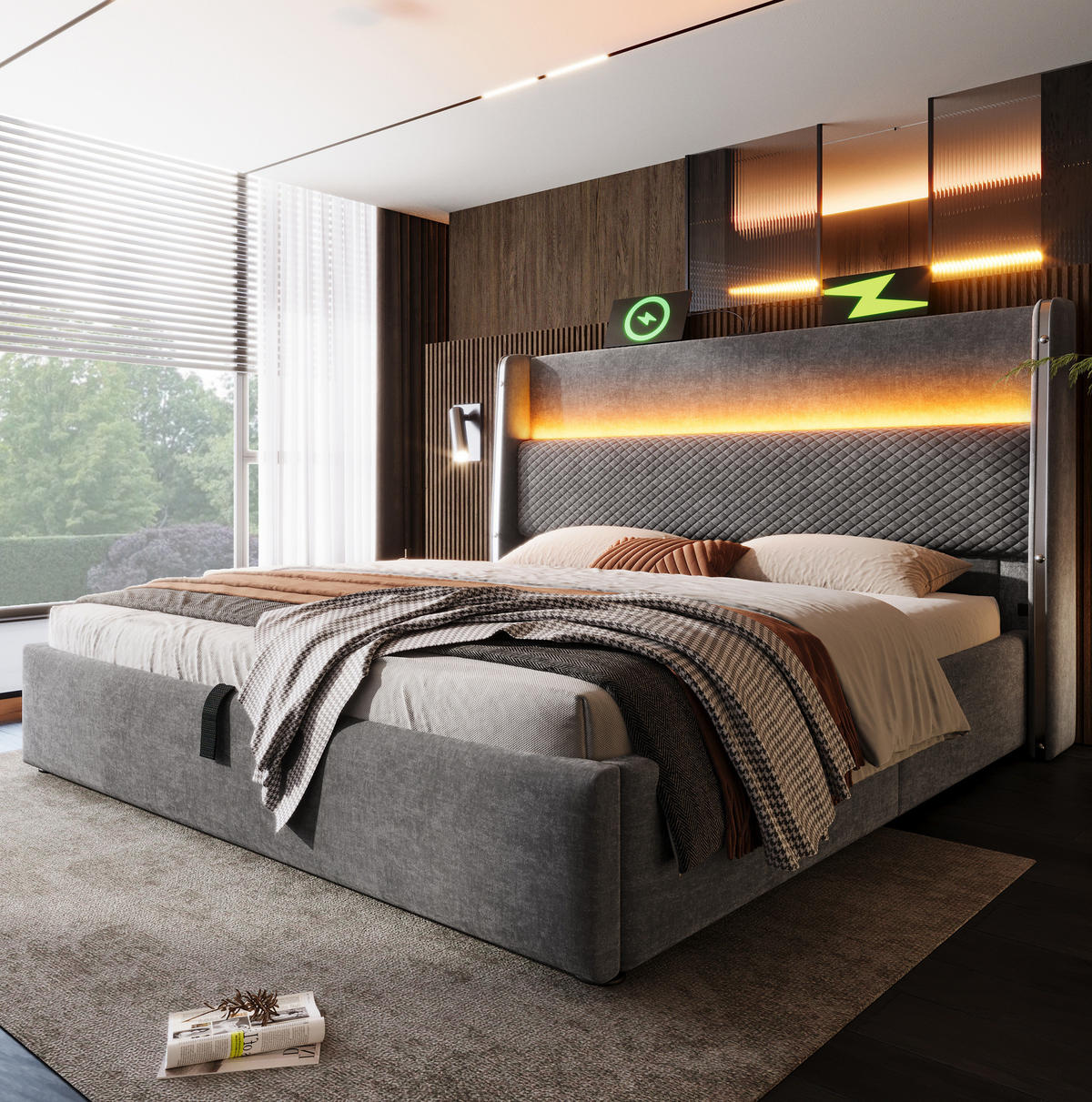 POLSTERBETT 140/200 cm mit LED-Beleuchtung, USB- und Type-C-Anschluss, hydraulischem Stauraum und Matratze, Grau - Grau, Textil (140/200cm) - Redom