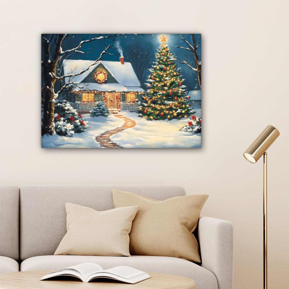 LEINWANDBILD Weihnachten - Weihnachtsbaum - Winter - Zuhause - Schnee Wandbilder 80x60 cm - Smaragdgrün, Textil (80/60cm) - MuchoWow