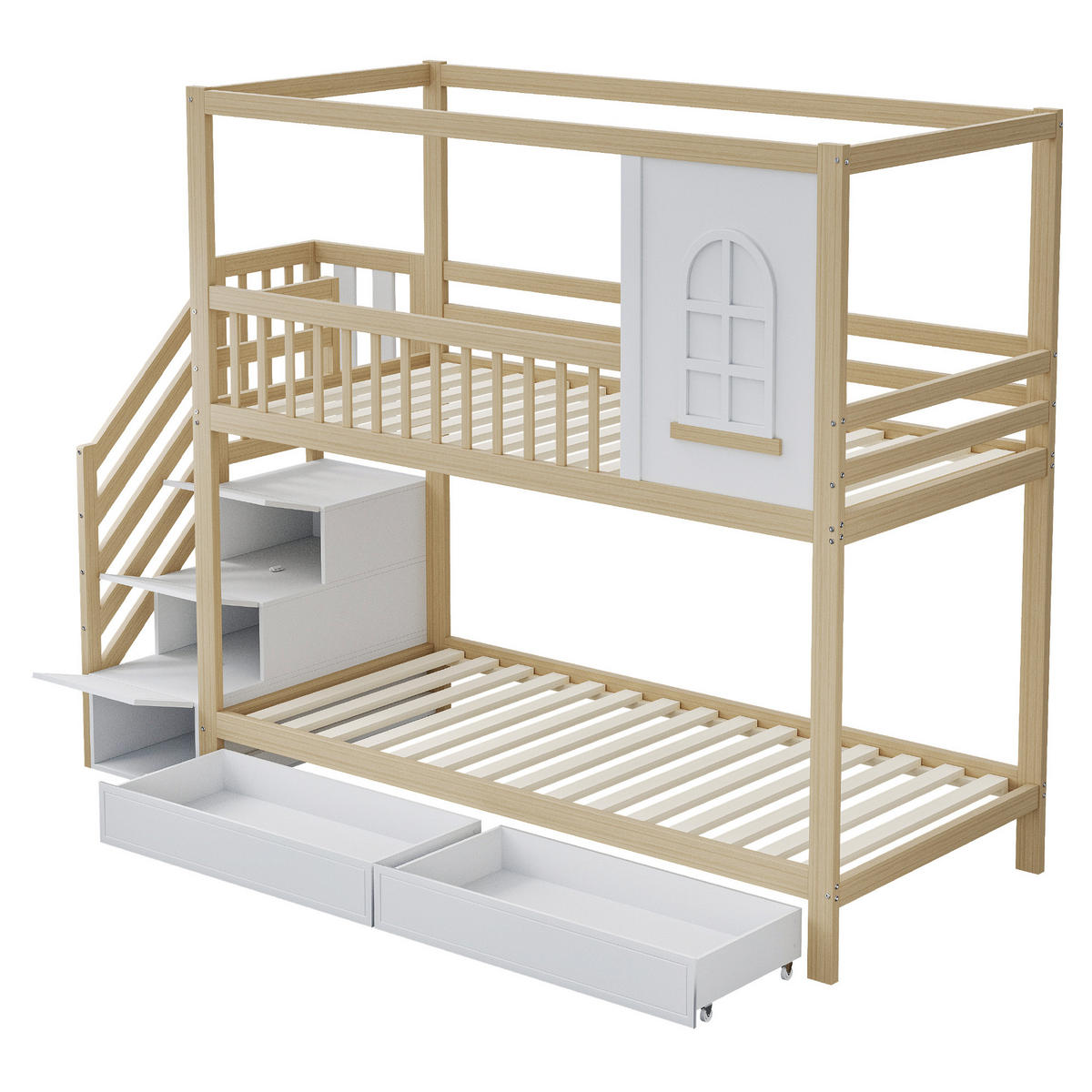 ETAGENBETT 90/200 cm aus Massivholz mit Stauraum und Sicherheitsleiter - Naturfarben, Holz (90/200cm) - BEAOK