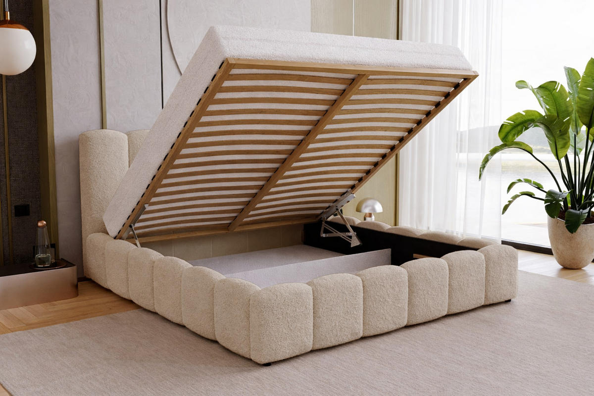 DOPPELBETT 180x200 Florent, Bettkasten, Boucle, Beige - Beige, Holz/Textil (180/200cm) - Emporius