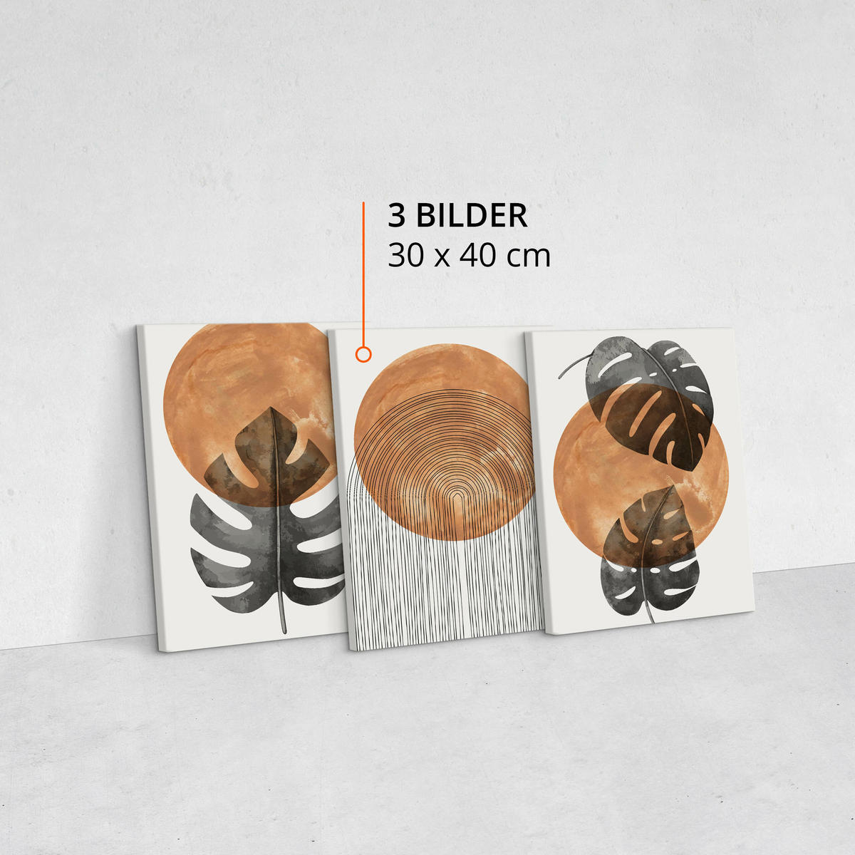 LEINWANDBILDER 3-es Set Blätter Kreise - Schwarz/Weiß, Textil (90/40cm) - Muralo