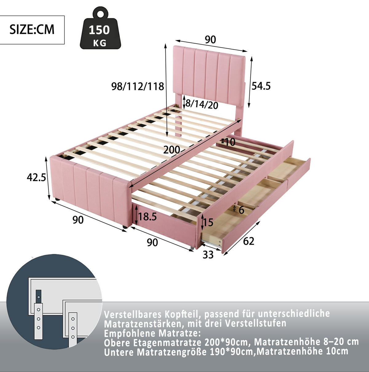 POLSTERBETT 90/200 cm Rosa aus Leinen mit Rollbett und Schubladen - Pink, Textil (90/200cm) - OKMYHOME