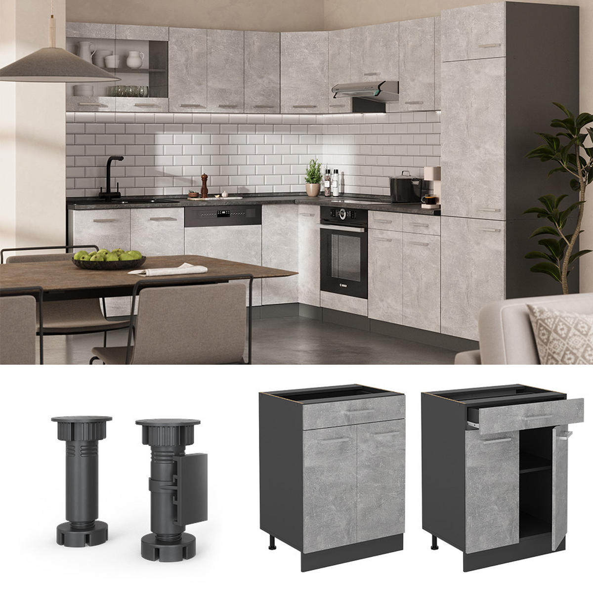 KÜCHENUNTERSCHRANK R-Line Beton 60 cm , AP Anthrazit - Schieferfarben/Anthrazit, Holzwerkstoff (60/81.6/60cm) - Vicco