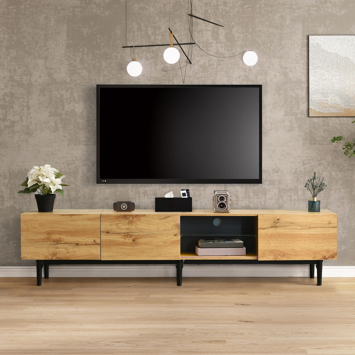 TV-RACK 175x31x41cm Holzmaserung mit 7-Farb-LED und App-Steuerung - Naturfarben, Holz (37/13/188cm) - Raelunyi