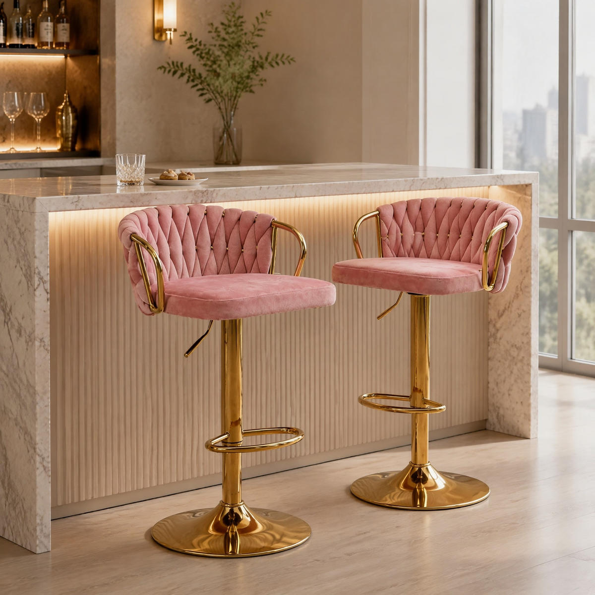 BARHOCKER 2er-Set Rosa höhenverstellbar mit Samtbezug - Rosa, Metall (49.5/98/50.5cm) - MIVRAY