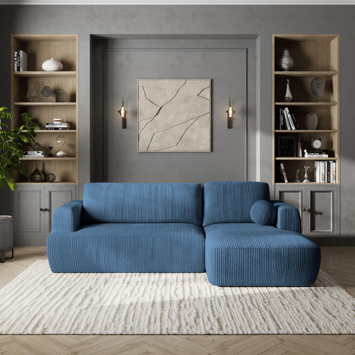 ROHOVÁ SEDAČKA SENTI modrá - modrá/černá, dřevo/textil (246/148cm) - MASSENO