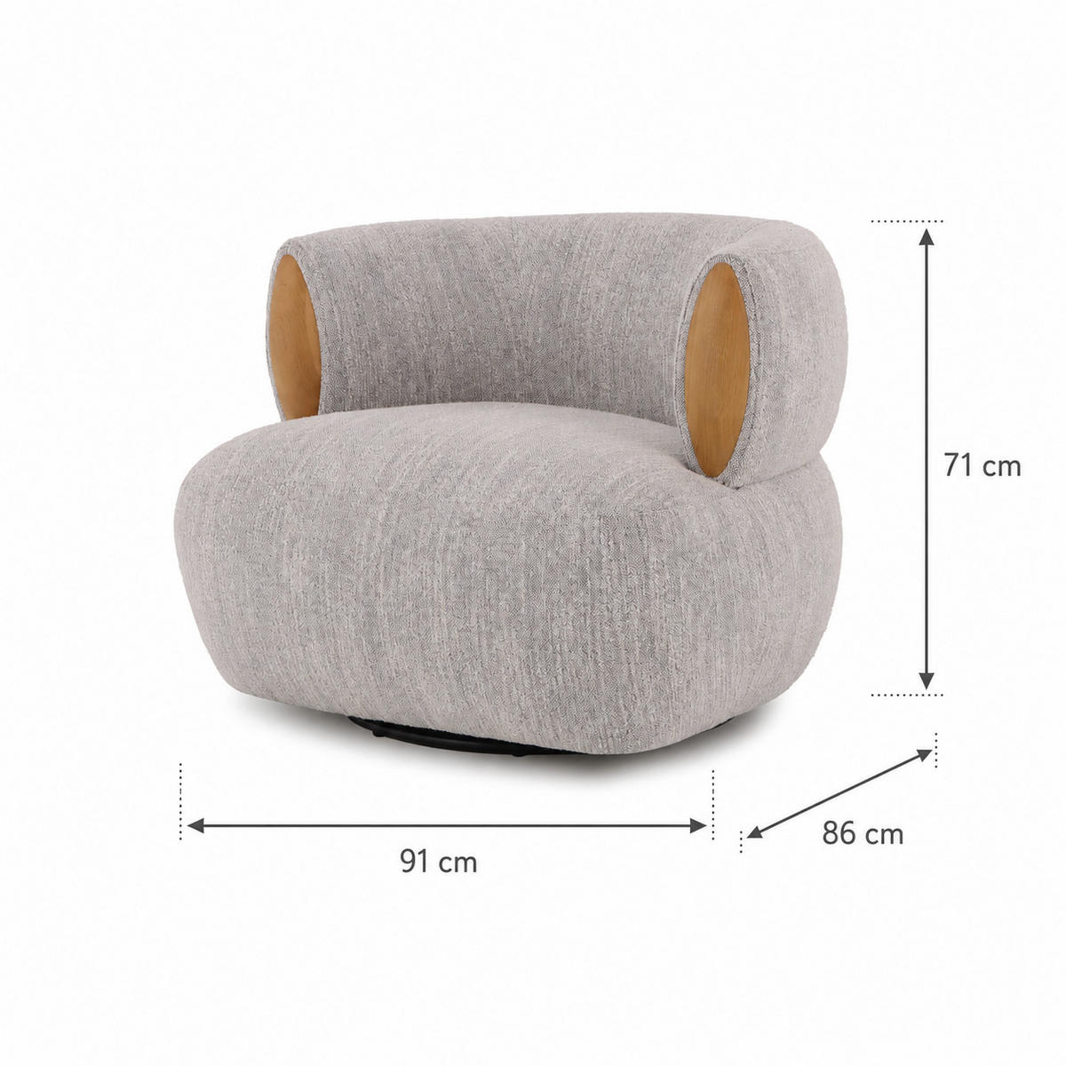 DREHSESSEL Theo, Natur Massiveiche + grauer Stoff - Grau, Holz (91/71/86cm) - WOODEK