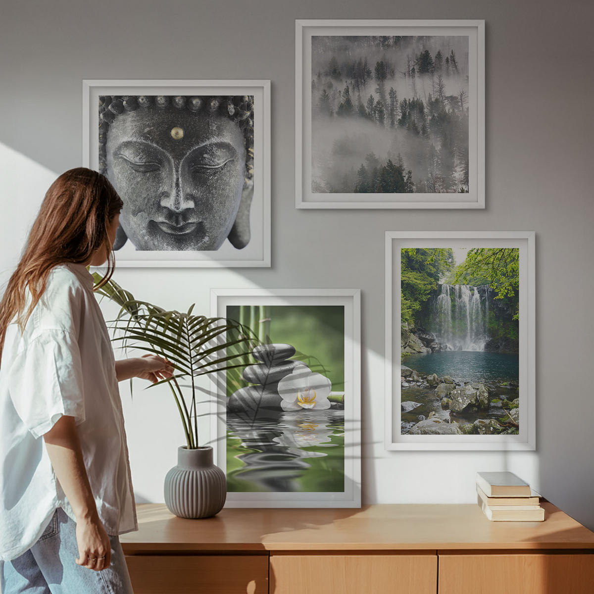 WANDBILDER 4er-Set - 50x50 cm & 40x60 cm Weißer Rahmen - Harmonie der Natur, Steine, Wasser, Buddha - Weiß, Kunststoff (50/50cm) - ArtPrintCave