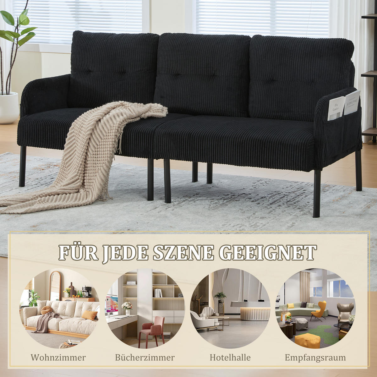 3-SITZER Sofa mit Seitentaschen, Metallgestell & Leinenstoff, 171cm, Schwarz - Schwarz, Textil/Metall (171/80/72cm) - LVHOM