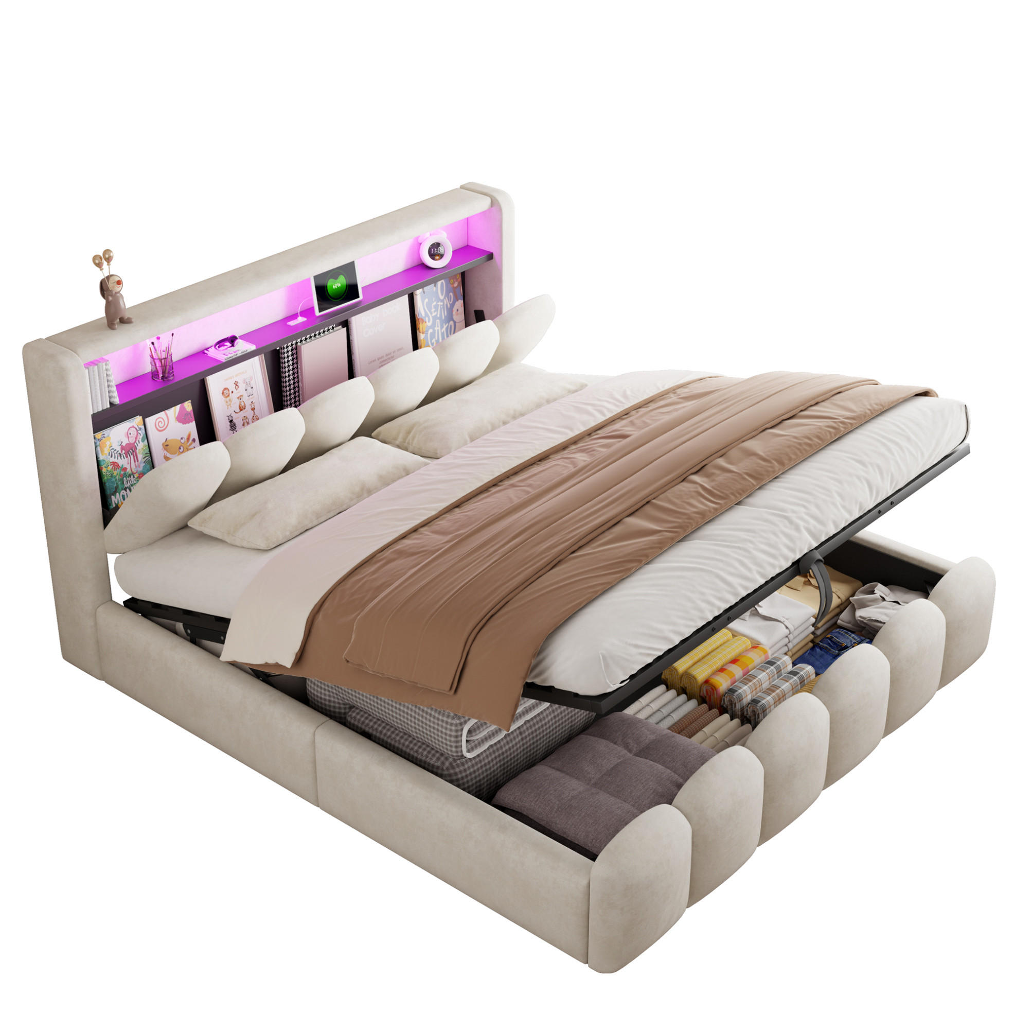 ČALOUNĚNÁ postel 180/200 cm se sametovým potahem, LED osvětlením, USB-C a hydraulickým úložným prostorem, Béžová - béžová, textil (180/200cm) - Redom
