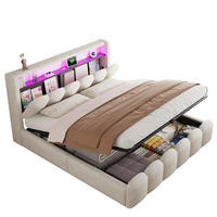 POLSTERBETT 180/200 cm aus Samt mit LED, USB-, Typ-C-Anschluss und hydraulischem Bettkasten, Beige - Beige, Textil (180/200cm) - Redom
