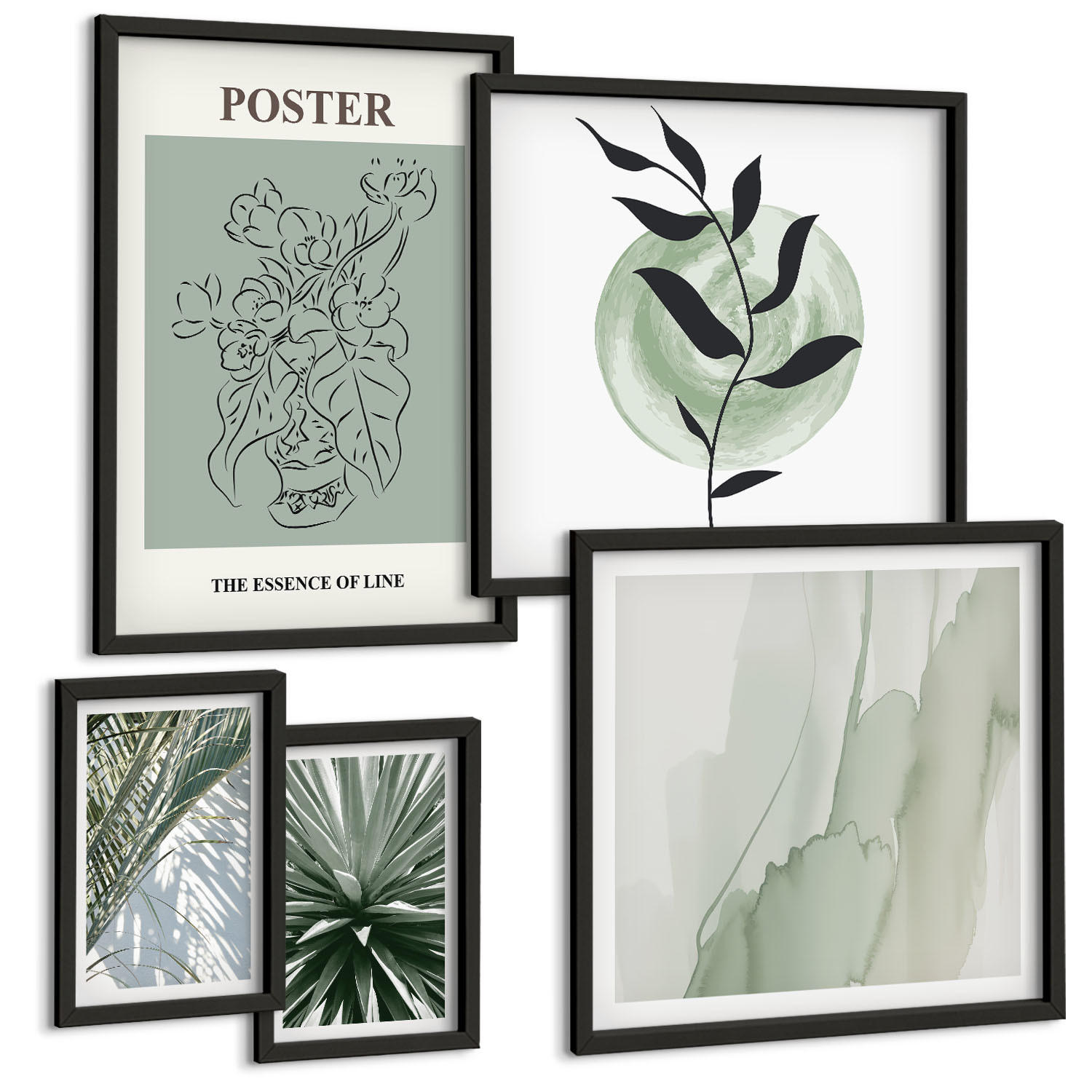 BILDER SET 5er Set - 50x50 cm & 20x30 cm & 40x60 cm Schwarzer Rahmen - Grün-beige Pflanzenmuster - Schwarz, Kunststoff (40/60cm) - TULUP