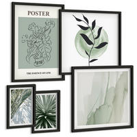 BILDER SET 5er Set - 50x50 cm & 20x30 cm & 40x60 cm Schwarzer Rahmen - Grün-beige Pflanzenmuster - Schwarz, Kunststoff (40/60cm) - TULUP
