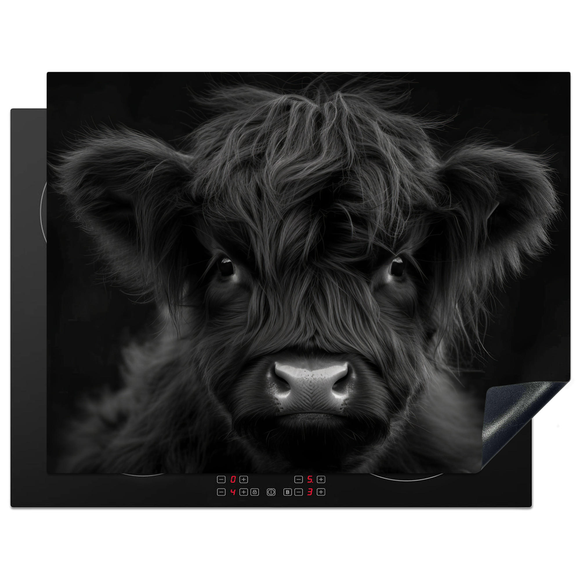 HERDABDECKPLATTE Scottish Highlander - Schwarz - Kalb - Kuh Induktionsmatte 77x59 cm - Schwarz, Kunststoff (77/59/0.2cm) - MuchoWow