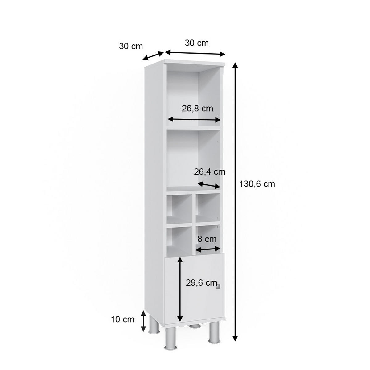 MIDISCHRANK Fynn Weiß 30 x 130.6 cm kleine Tür - Weiß, Holzwerkstoff (30/130.6/30cm) - Vicco
