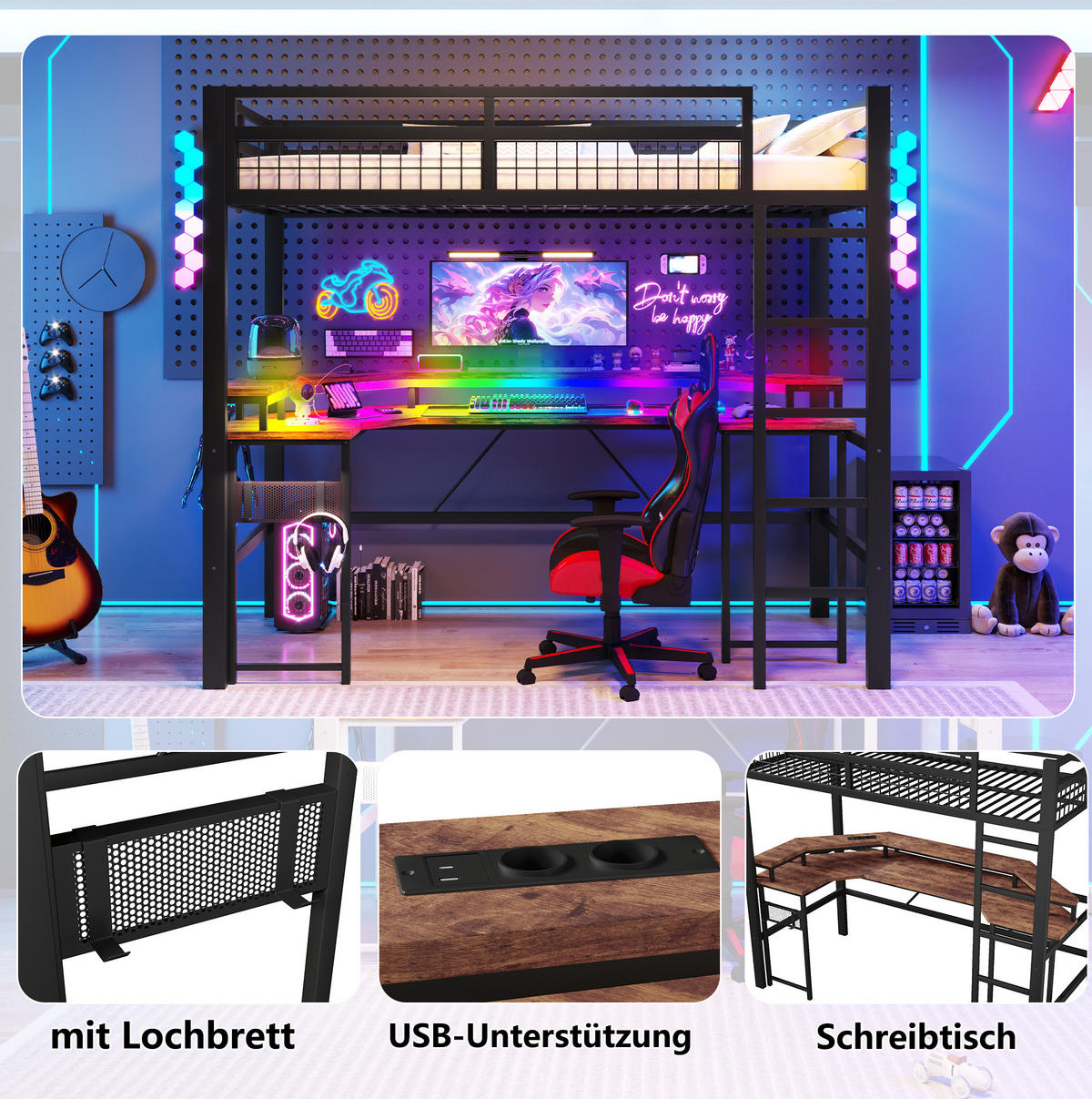 HOCHBETT 90/200 cm aus Metall und MDF mit Schreibtisch und LED-Lichtleiste Schwarz - Schwarz, Metall (90/200cm) - Modenvie