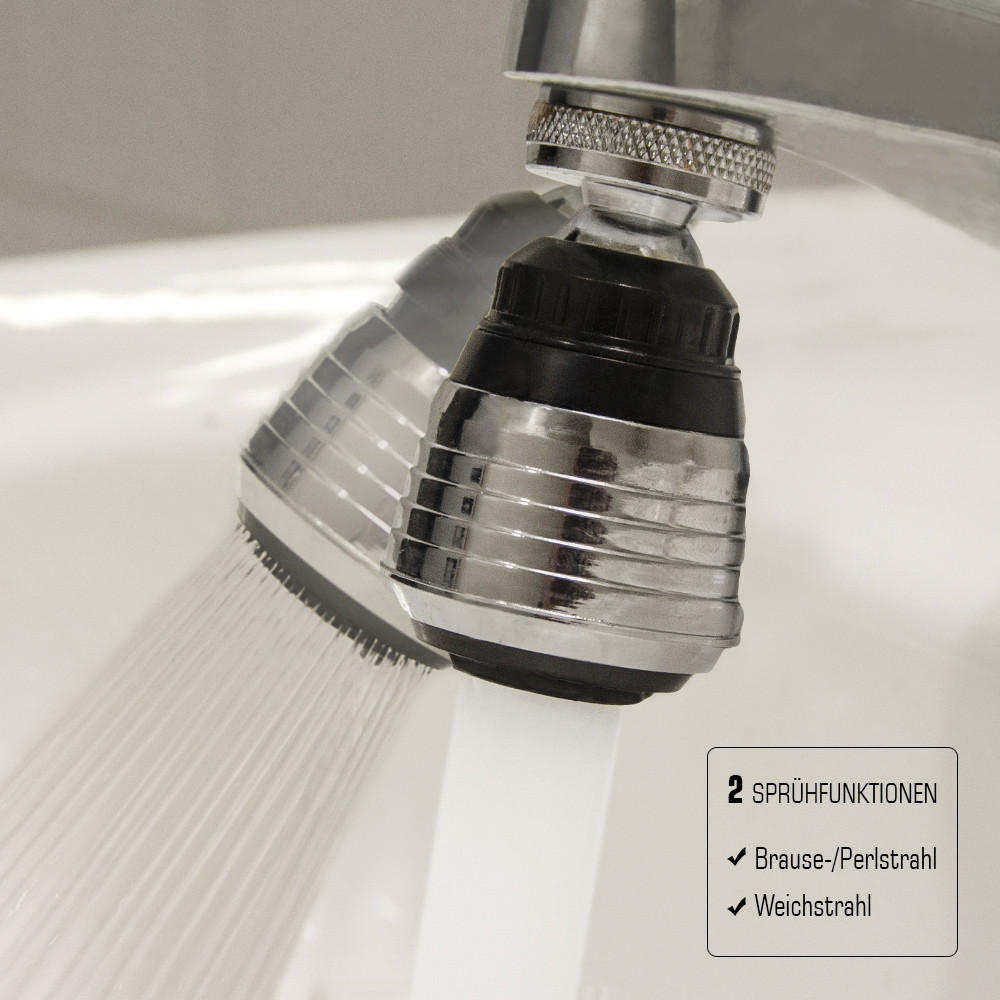 WASSERHAHN-AUFSATZ mit 360 Grad Schwenkbrause - Schwarz, Metall (3.5/6/6cm) - eyepower