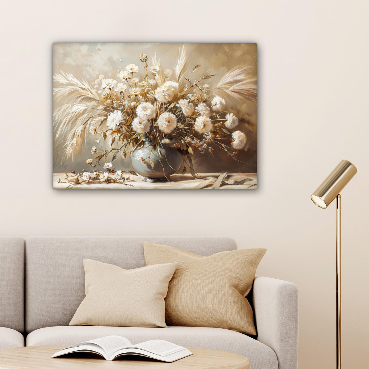 LEINWANDBILD Blumen - Vase - Stilleben - Beige Wandbilder 80x60 cm - Creme, Textil (80/60cm) - MuchoWow