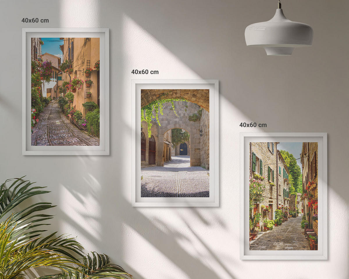 BILDER SET 3er Set - 40x60 cm Weißer Rahmen - Italienische Straßen, Blumen, Architektur - Weiß, Kunststoff (40/60cm) - TULUP