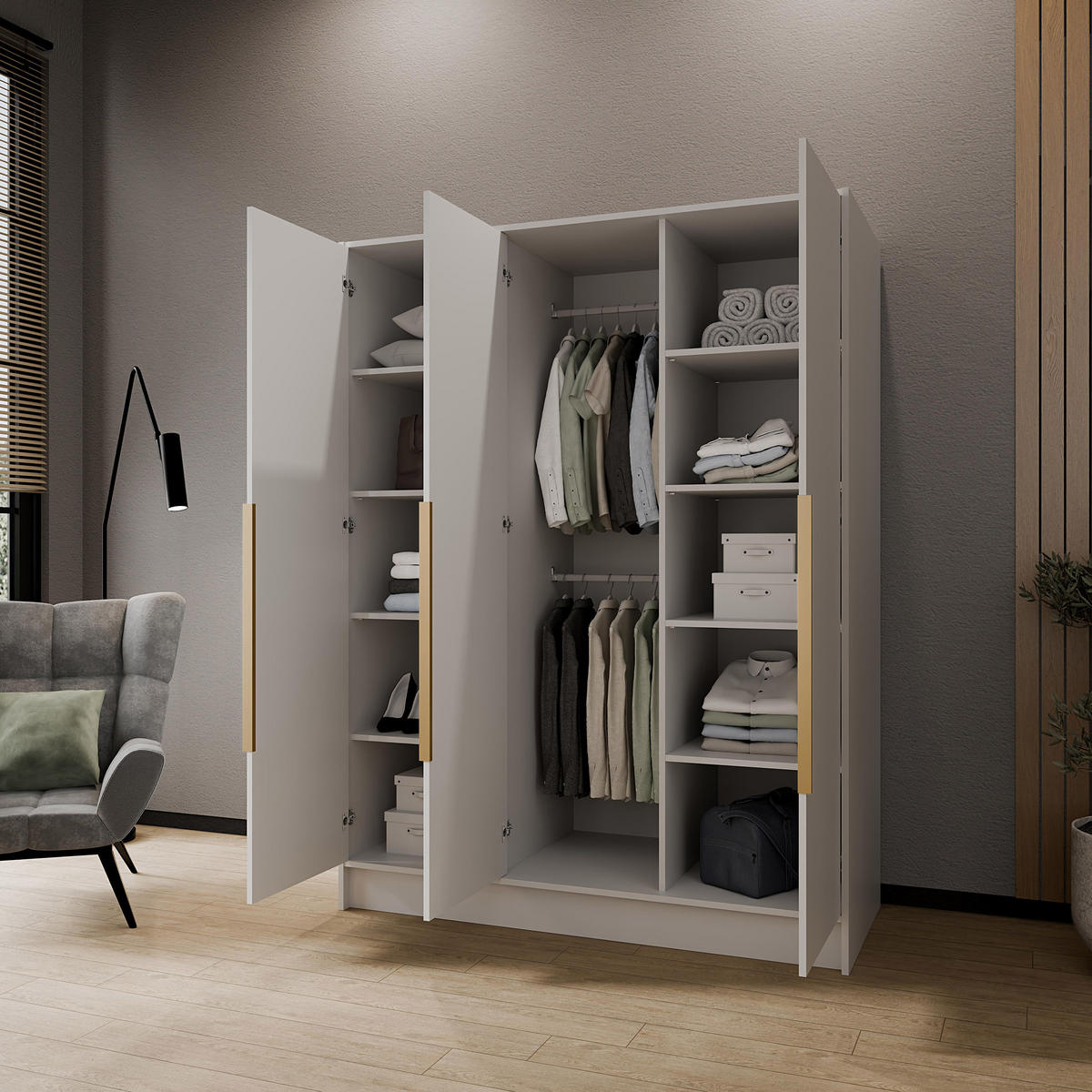 DREHTÜRENSCHRANK Laro mit Spiegel, Kaschmir mit goldenen Griffen, 150 cm - Kaschmir, Holzwerkstoff (150/200/51cm) - Beautysofa