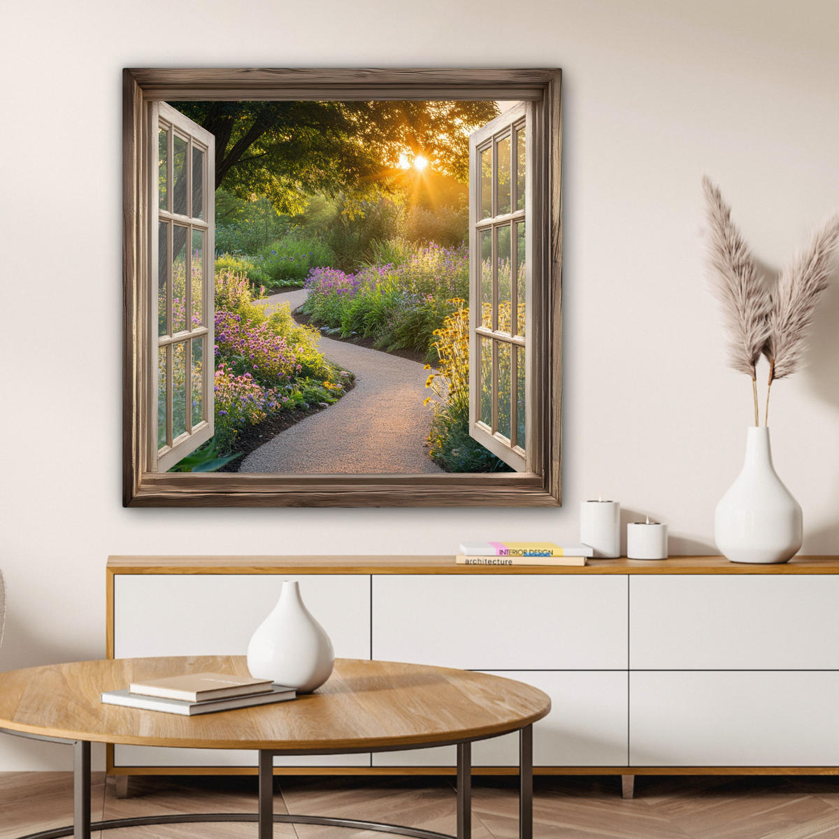 LEINWANDBILD Aussicht - Blumen - Natur - Sonne - Weg 90x90 cm - Hellgelb, Textil (90/90cm) - MuchoWow