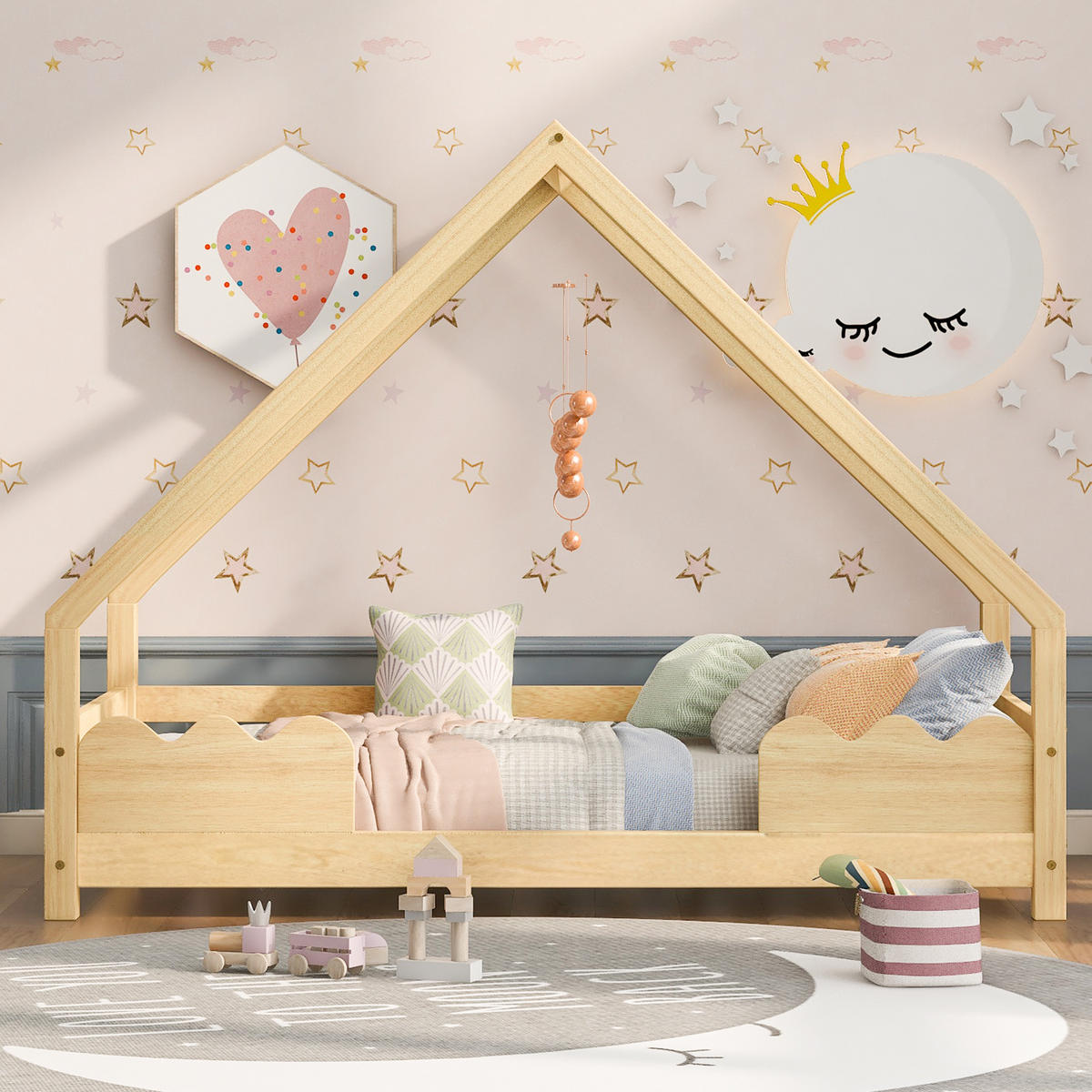 HAUSBETT 90x200 Kinderbett Rausfallschutz Jugendbett Massivholz Natur - Naturfarben, Holzwerkstoff (90/200cm) - FLIEKS