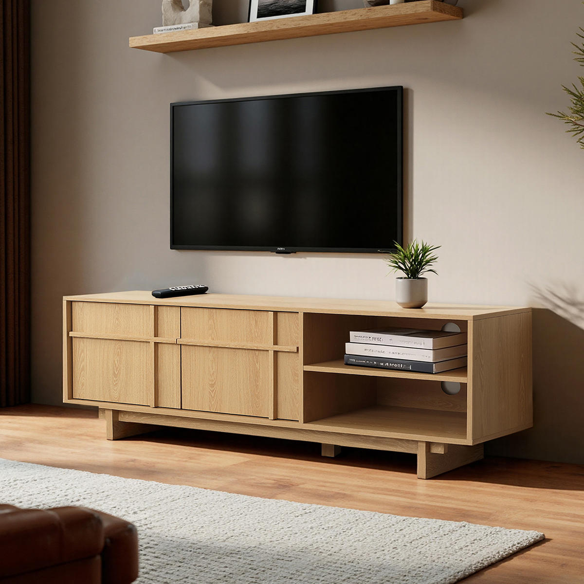 TV-SCHRANK im modernen skandinavischen Stil, TV-Lowboard mit 2 Türen & 2 Ablagen,Holzoptik | B140 x T40 x H50 cm - Braun, Holzwerkstoff (140/50/40cm) - Hometopia