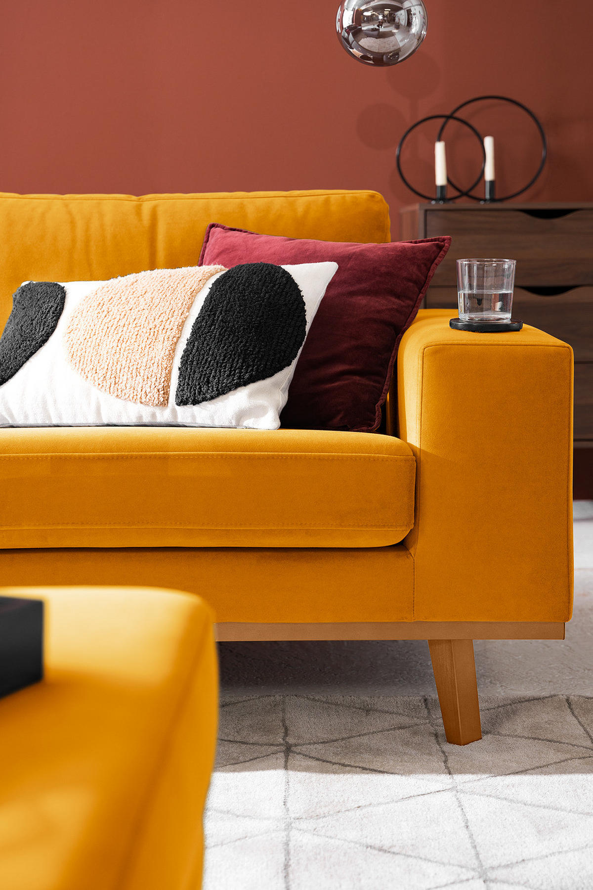 ECKSOFA mit Ottomane - Gelb/Buchefarben, Buchenholz/Textil (287/219cm) - home24