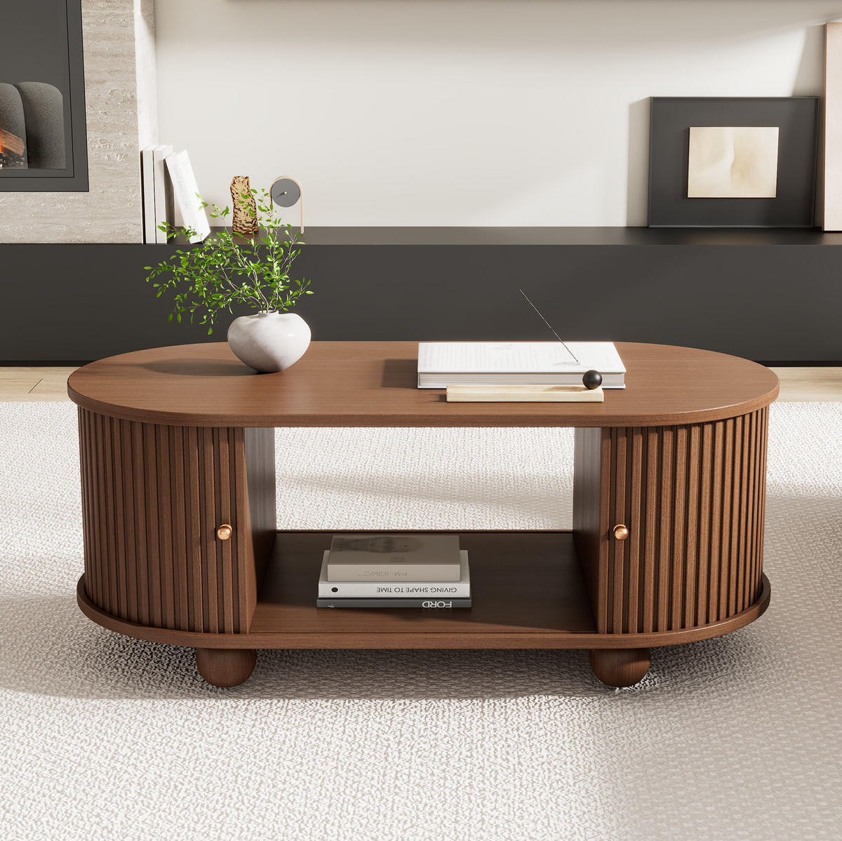 COUCHTISCH 100/50/40 cm in Walnuss mit Stauraum und Schiebetüren - Walnussfarben, Holzwerkstoff (100/50/40cm) - Flora Grace