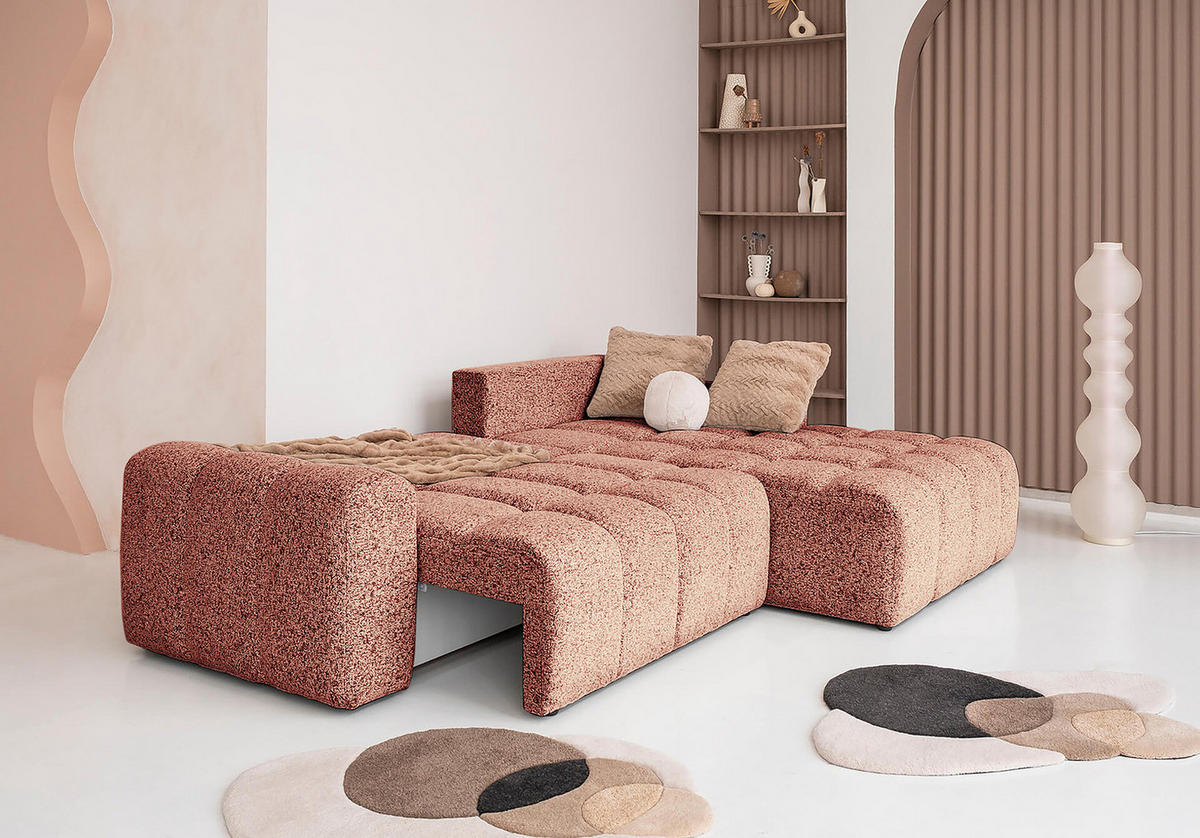 ECKSOFA mit Schlaffunktion - Strukturstoff - Beige/Rot, Kunststoff/Textil (268/184cm) - home24