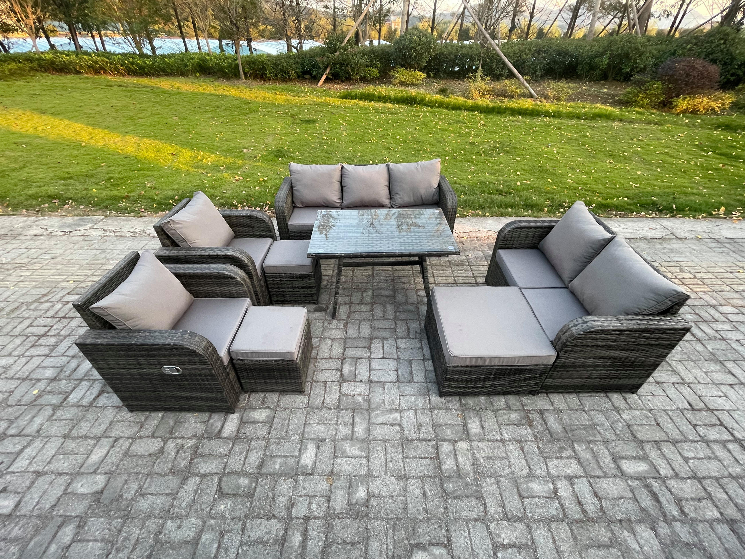GARTENMÖBEL SET Polyrattan Dunkelgrau 10-Sitzer - Dunkelgrau/Grau, Glas/Kunststoff - Fimous