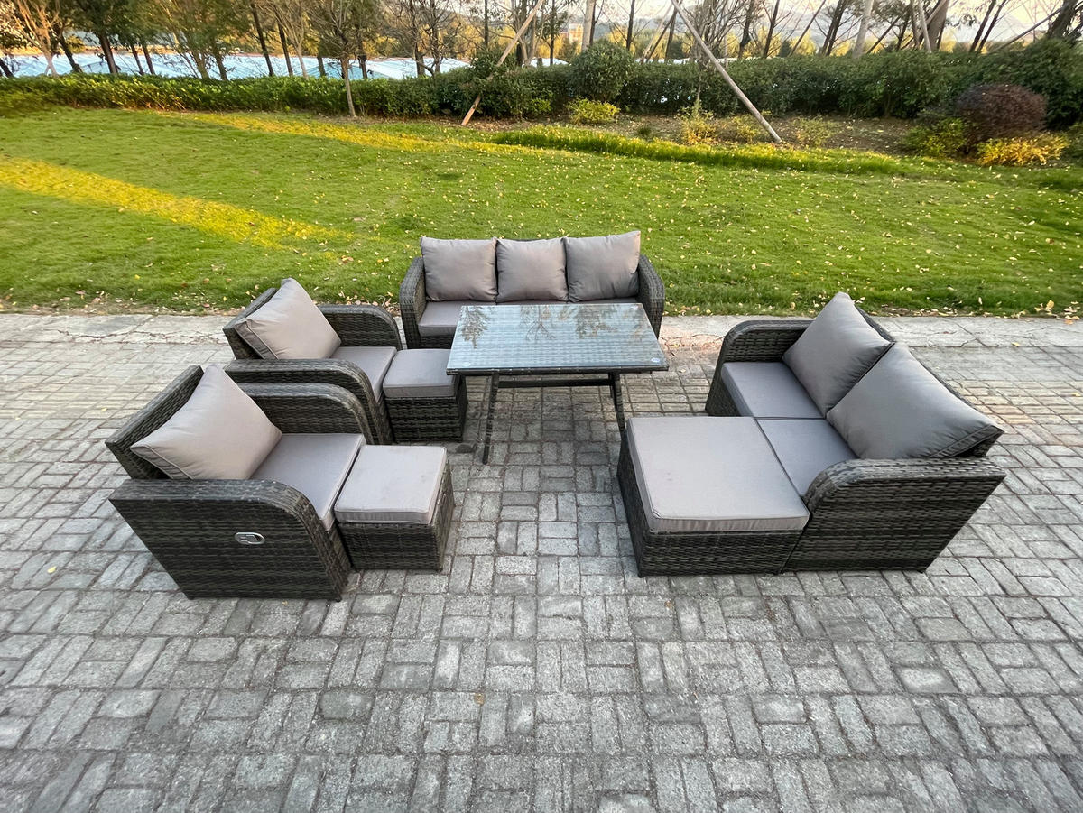 GARTENMÖBEL SET Polyrattan Dunkelgrau 10-Sitzer - Dunkelgrau/Grau, Glas/Kunststoff - Fimous