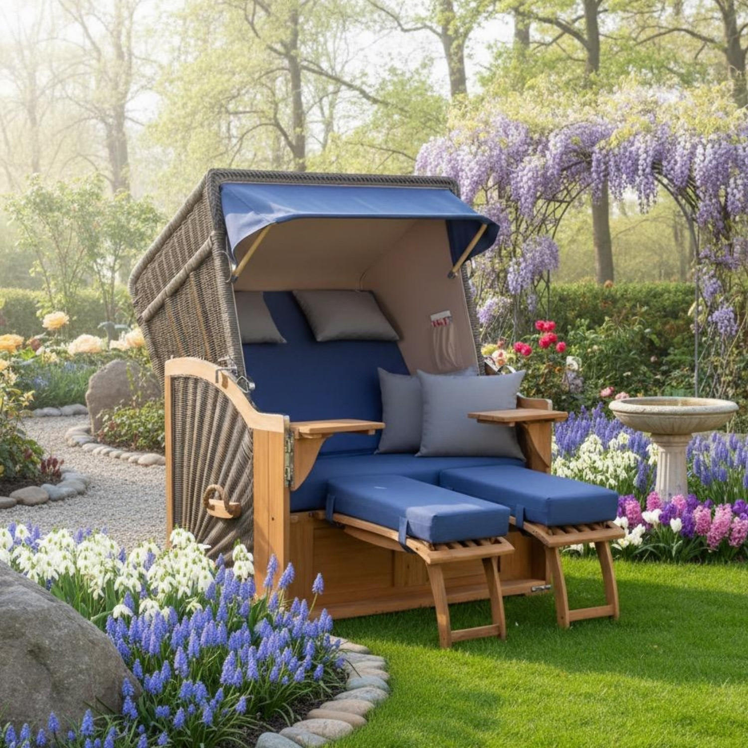 STRANDKORB SEEBLICK 2 Sitzer Teak - Blau/Braun, Metall (125/170/80cm) - Mr. Deko