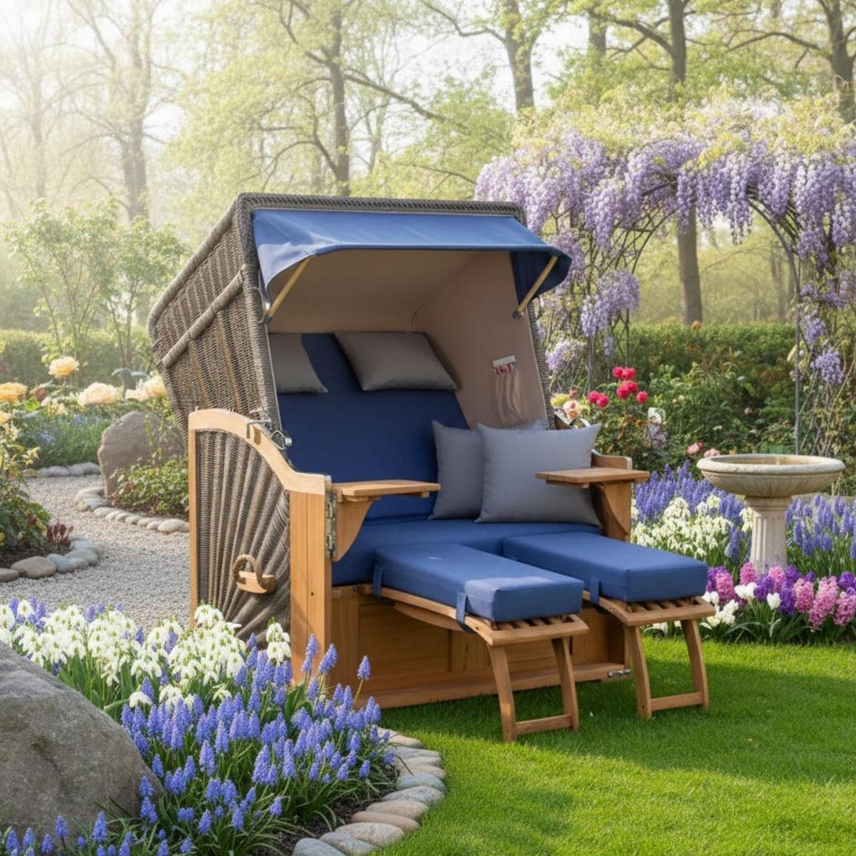 STRANDKORB SEEBLICK 2 Sitzer Teak - Blau/Braun, Metall (125/170/80cm) - Mr. Deko