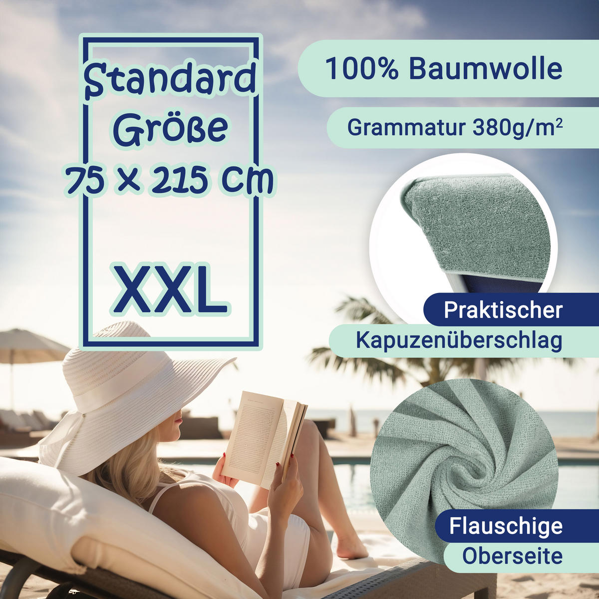 STRANDTUCH, 75x215 cm, 100% Baumwolle, Salbei - Salbeigrün, Textil (75/215cm) - Zollner