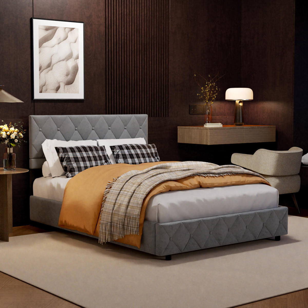 POLSTERBETT 90x200 cm aus Velours in Dunkelgrau, Unterbettstauraum, stabiler Lattenrost - Grau, Textil (140/200cm) - OKMYHOME