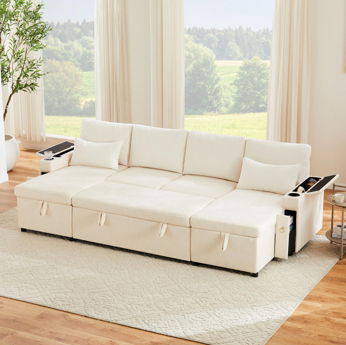 SCHLAFSOFA aus Chenille & Cord 272x131x84 cm in Beige mit Stauraum - Beige, Textil (272/84/131cm) - Modfu