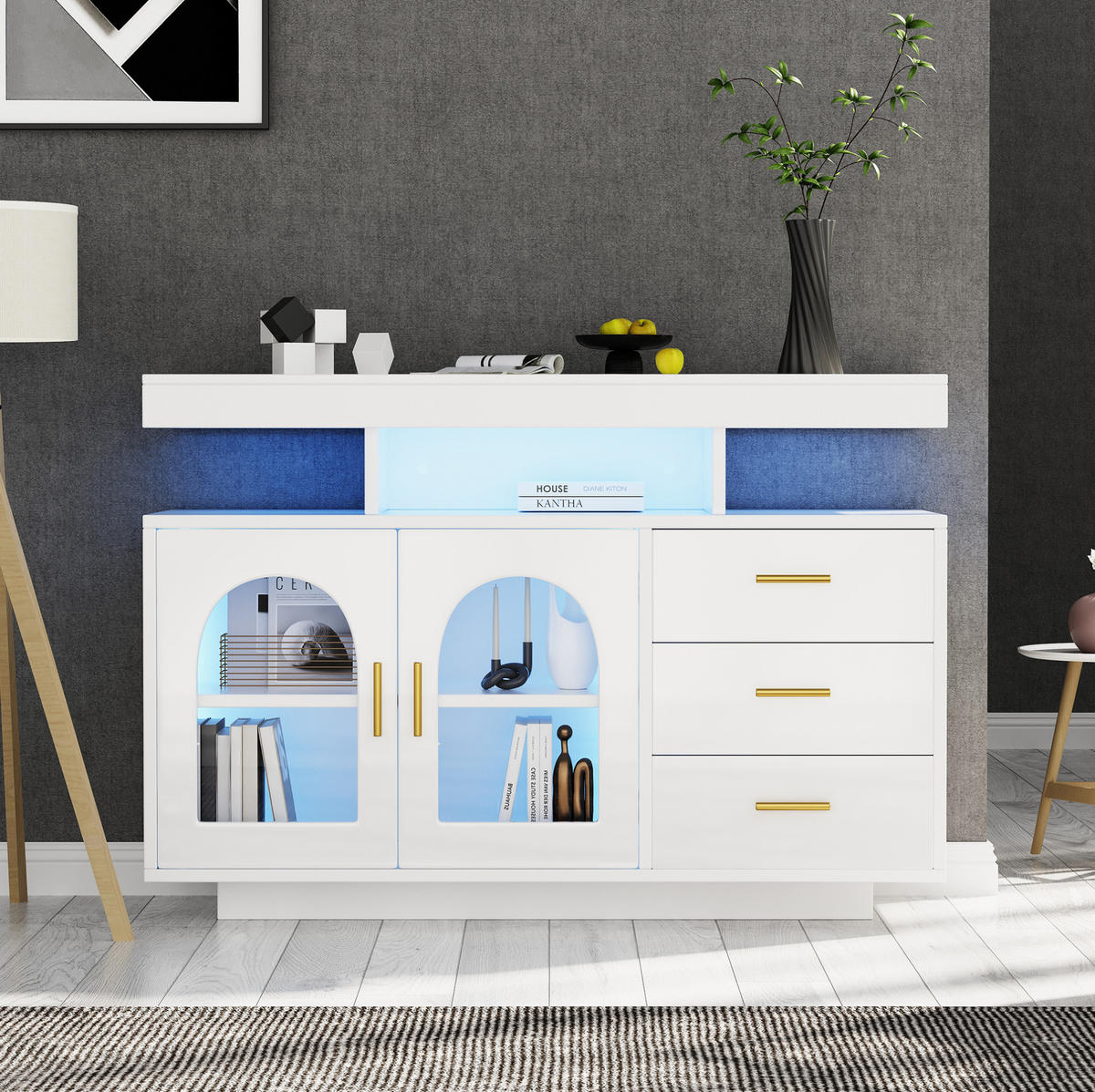 SIDEBOARD 120/40/80 cm in Weiß mit LED-Beleuchtung und Hochglanzfronten - Weiß, Holzwerkstoff (120/80/40cm) - Flora Grace