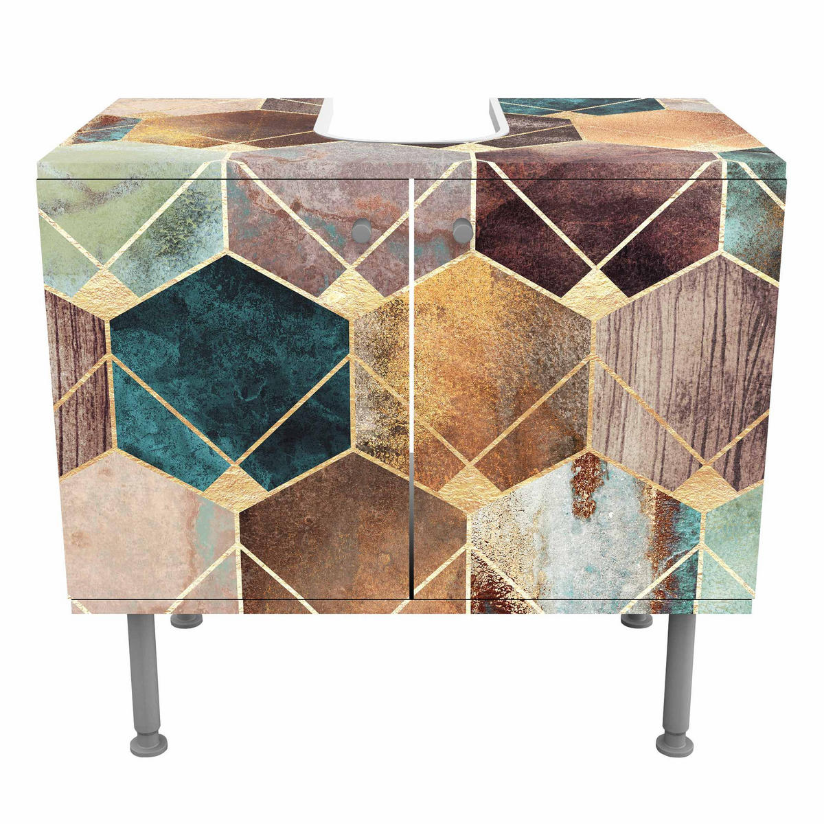 WASCHBECKENUNTERSCHRANK Türkise Geometrie goldenes Art Deco 60/55/35 cm - Goldfarben, Holzwerkstoff (60/55/35cm) - Bilderwelten