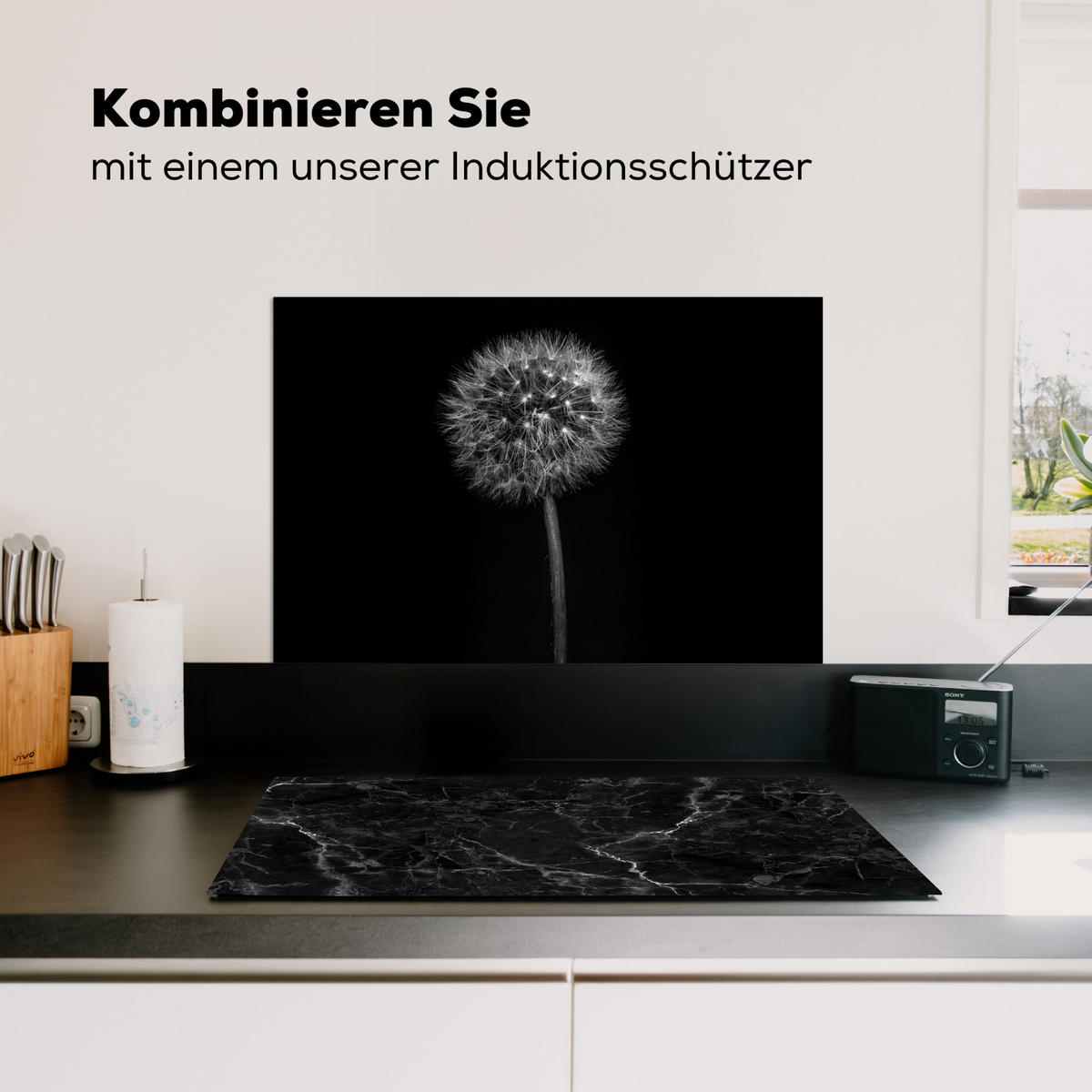 SPRITZSCHUTZ KÜCHE Löwenzahn - Schwarz - Floral - Botanisch 60x40 cm - Grau, Metall (60/0.3/40cm) - MuchoWow